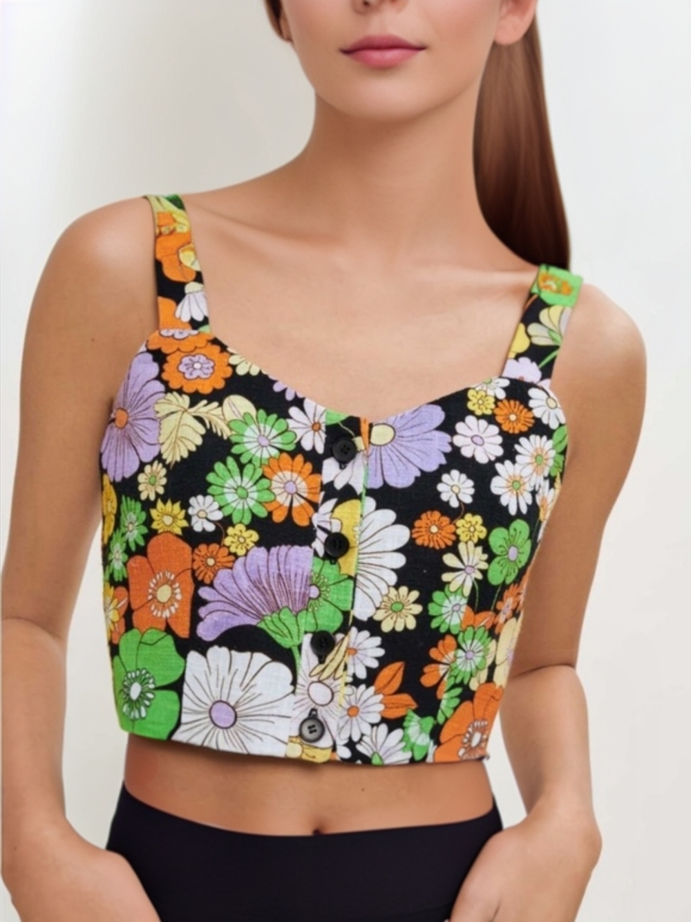 Maje 70s Floral Crop Top Button Front Cotton Black NWT XS